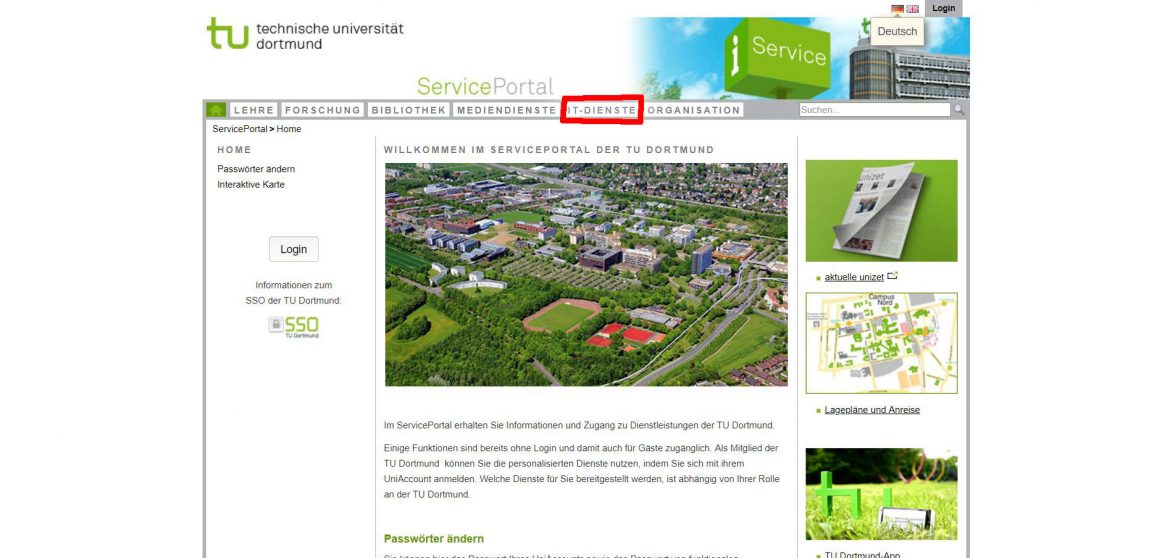 Auf dem Screenshot ist das Serviceportal der TU Dortmund. Der Reiter "IT-Dienste" ist rot markiert.