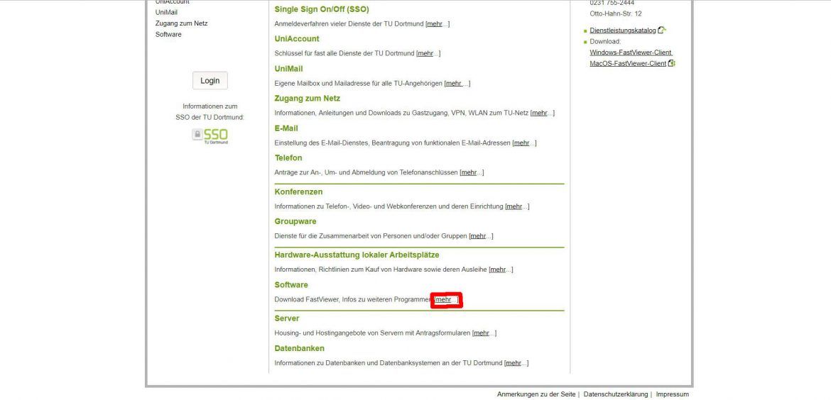 Auf dem Screenshot ist der Button "mehr" unter der Überschrift "Software" rot markiert.