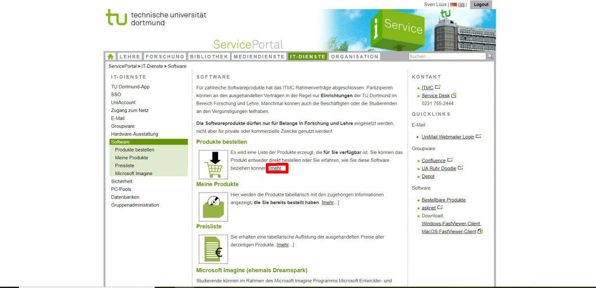 Auf dem Screenshot ist der Button "mehr" unter der Überschrift "Produkte bestellen" rot markiert.