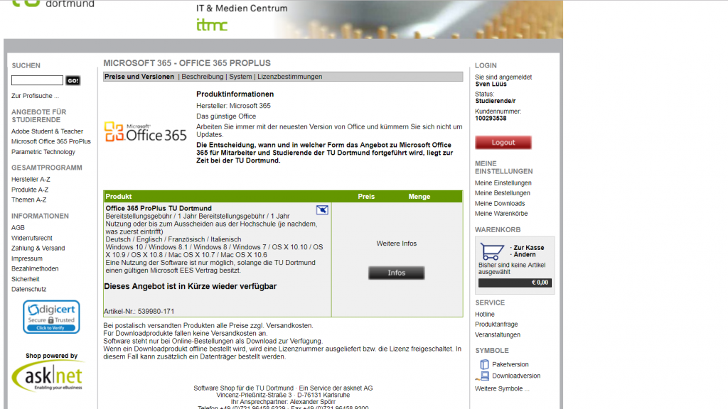 Auf dem Screenshot ist das Angebot von Office 365 Pro Plus, aufgerufen auf der Internetseite von Asknet. Mitten im Bild prangt die Schrift "Dieses Angebot ist in Kürze wieder verfügbar".