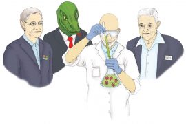Illustration: Bill Gates, George Soros und ein Echsenmensch stehen hinter einem Wissenschaftler/Forscher