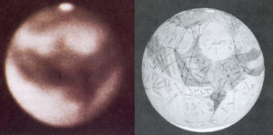 Links: Mars betrachtet durch ein kleines Teleskop (verschwommen)Rechts: Kartierung des Mars von Lowell
