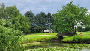 Die Teiche auf dem Royal St. Barbara's Golfplatz sind grün bewachsen mit verschiedenen Pflanzen. 