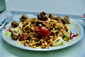 Der Linsen-Salat aus dem Interview: auf einem Teller sind roten Linsen, grüner Salat und Champignons und Tomaten