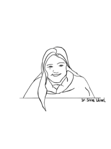 Digitale Illustration von Dr. Silke Wenzel. Sie hat offene helle Haare und lächelt. Sie trägt einen Rollkragenpullover.