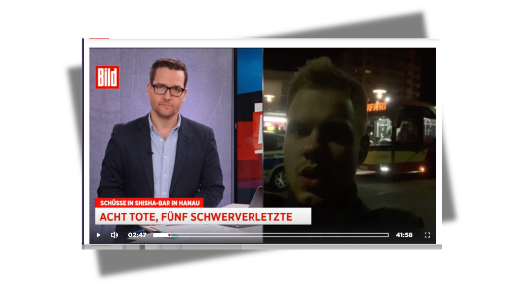 BILD-Reporter Tobias Bayer berichtet nachdem die Polizei gegen 00 Uhr die erste Pressemitteilung veröffentlicht. Von einem rassistischen Attentat ist dabei noch nicht die Rede.