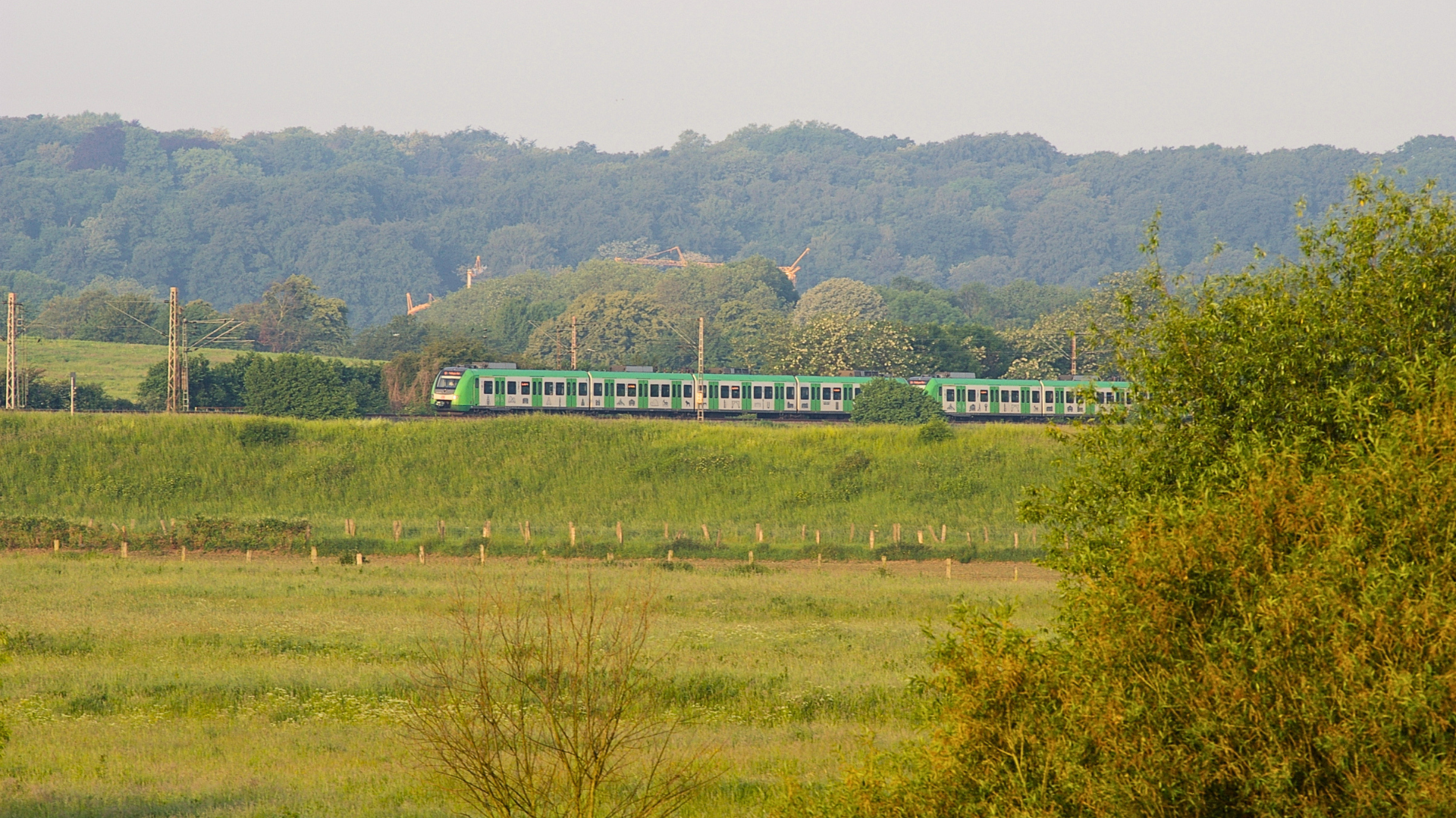 Eine S-Bahn fährt durch das Ruhrgebiet.