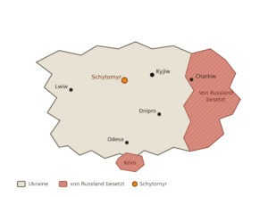 Eine Karte der Ukraine, mit Schytomyr.